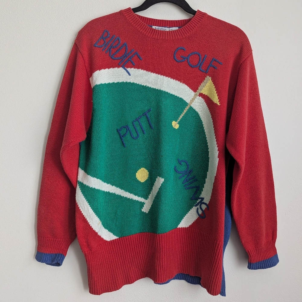 Vintage Leon Levin Novelty Golf Theme Knit Cotton Sweater XL Colorful